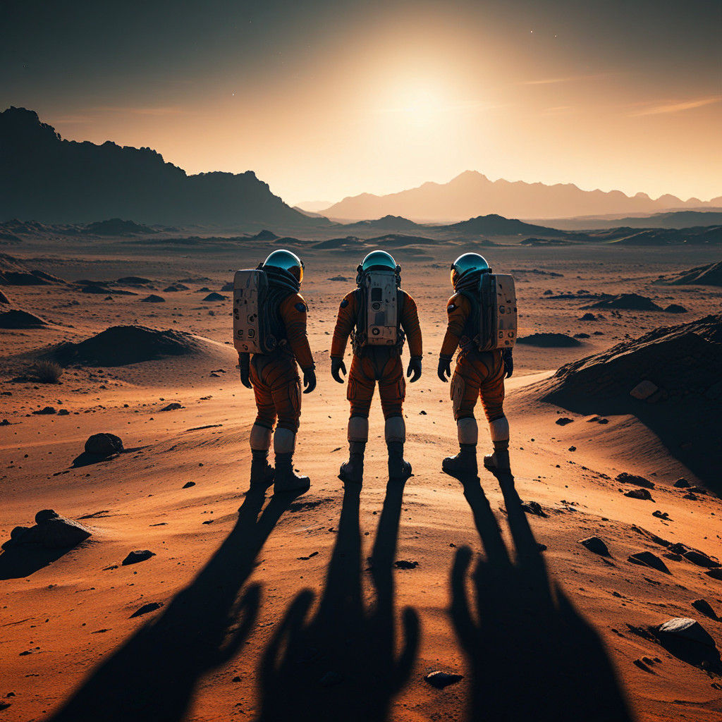 Astronauts Engage in Intense Gaze in Barren Space Landscape