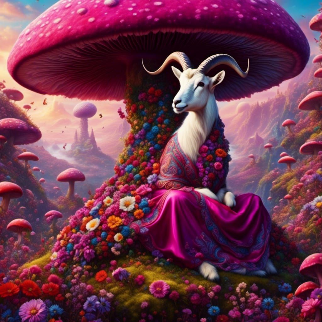 Magenta Goat Under Rainbow Mushroom, Floral Fantasy