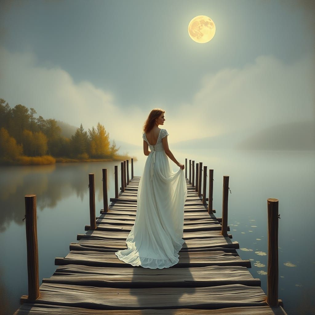 Dreamy Woman on a Misty Lake Bridge in a Romantic Landscape ...