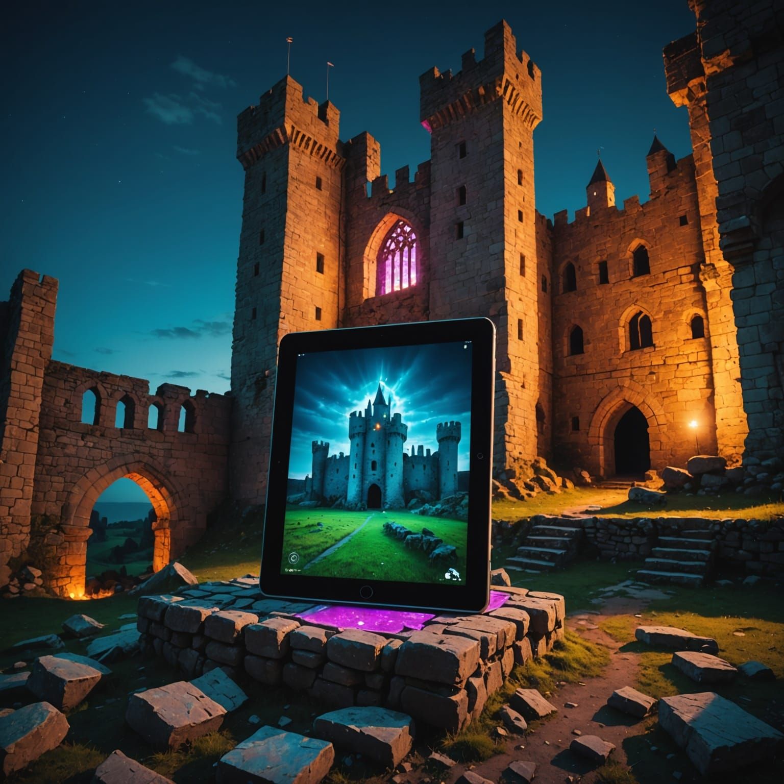 Medieval Castle Ruin With Embedded Neon Tablet