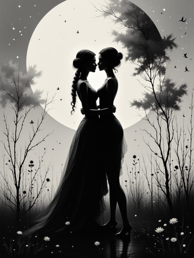 Couple Embracing in Dramatic Silhouette Charcoal Drawing