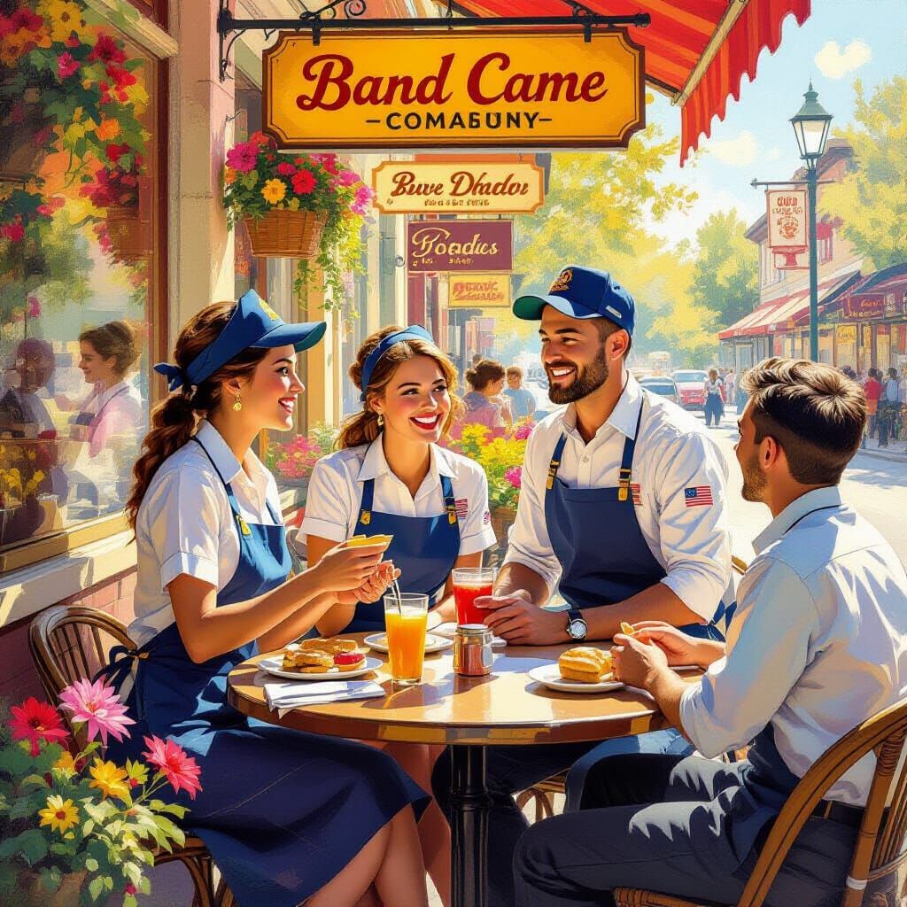 Smiling Employees Serving Happy Customers in Rockwell Style