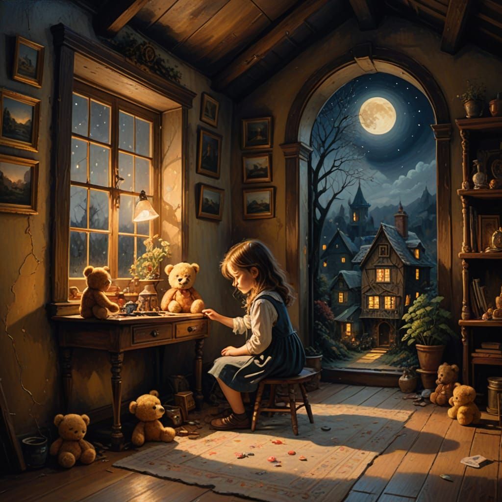 Enchanting Nighttime Scene in Whimsical Oil Painting Style