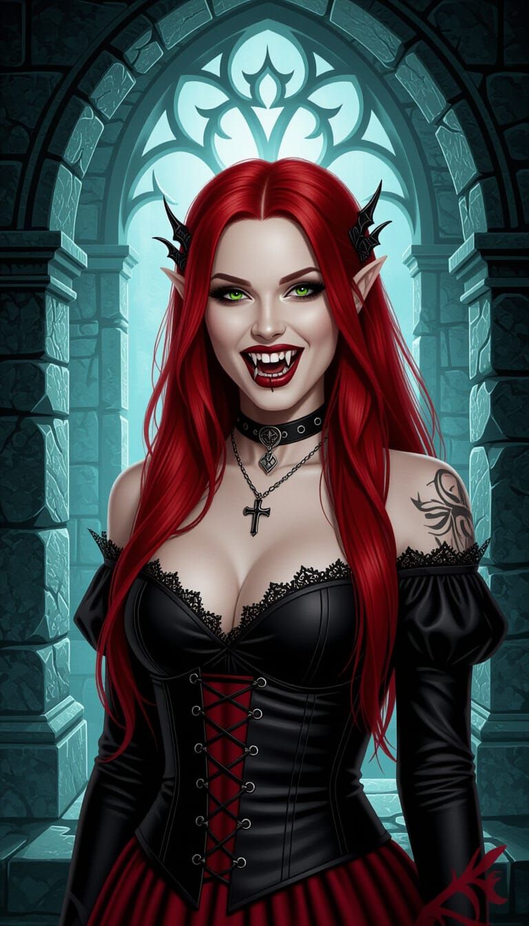 Goth Vampire Woman Baring Fangs in Crypt