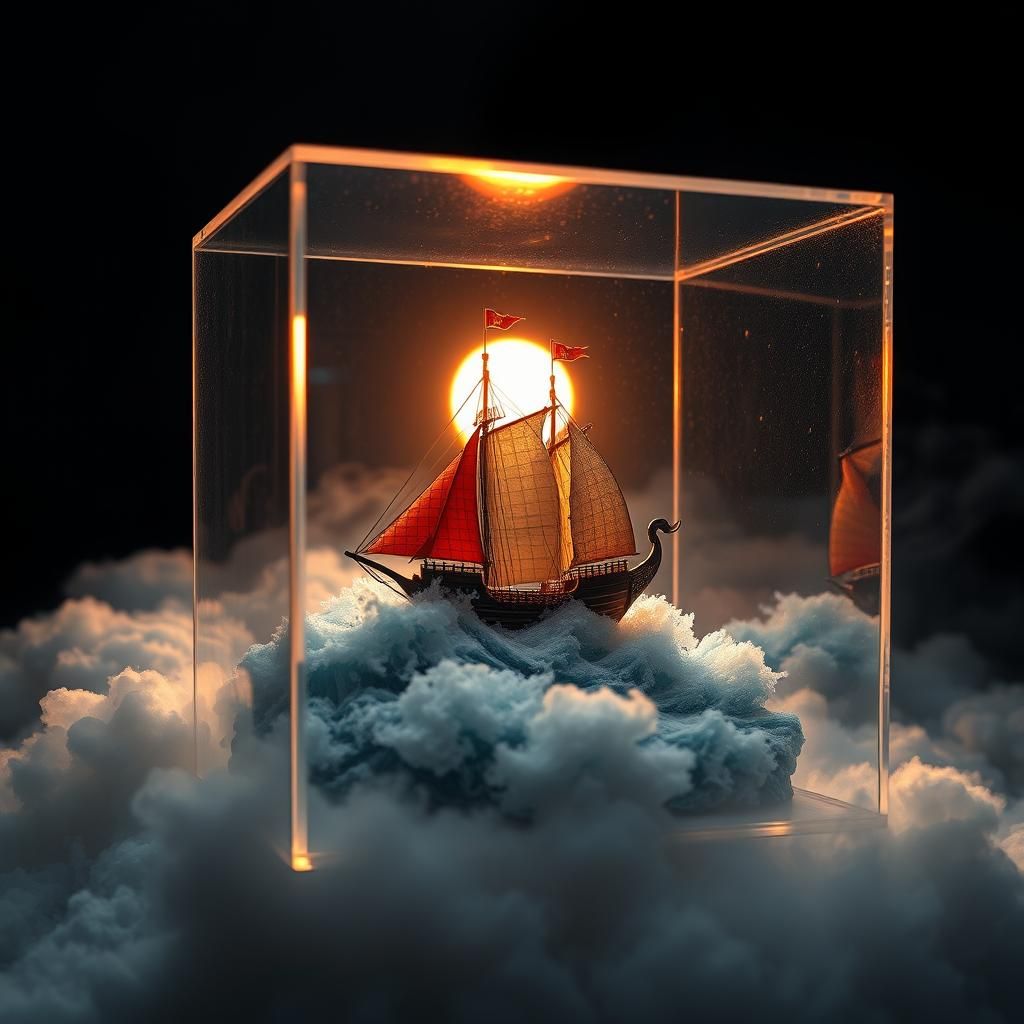 Chinese Sailing Junk Trapped in a Glass Cube of Turbulent Wa...