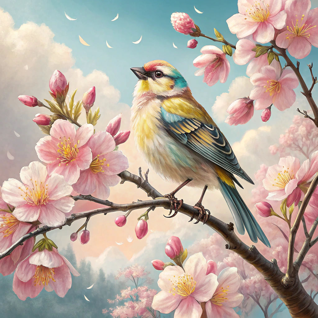 Goldfinch on Cherry Branch in Matte Painting Style