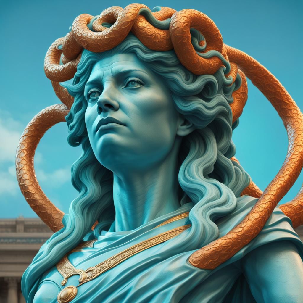 Hyperrealistic Medusa Statue Portrait in Light Blue