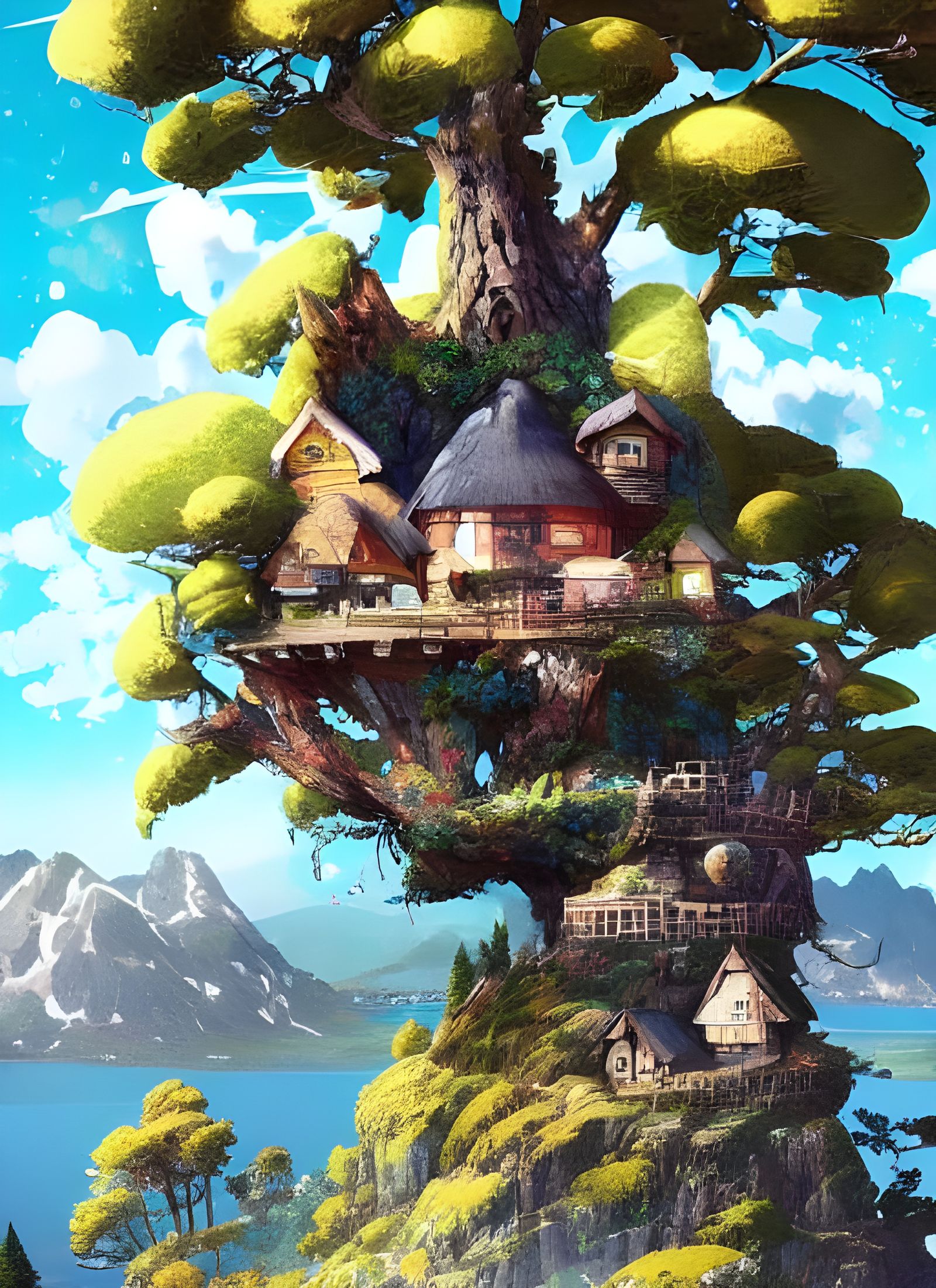 Picturesque Cottage on Mountain Lake, Digital Illustration