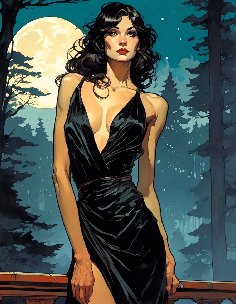 Vampiric Supermodel in Silk Dress Comic Portrait