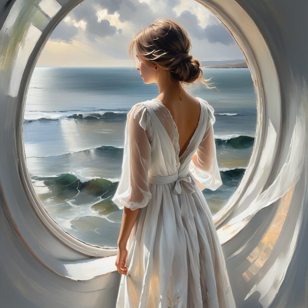 Impressionist Girl Gazing at Sea in Dreamy Light