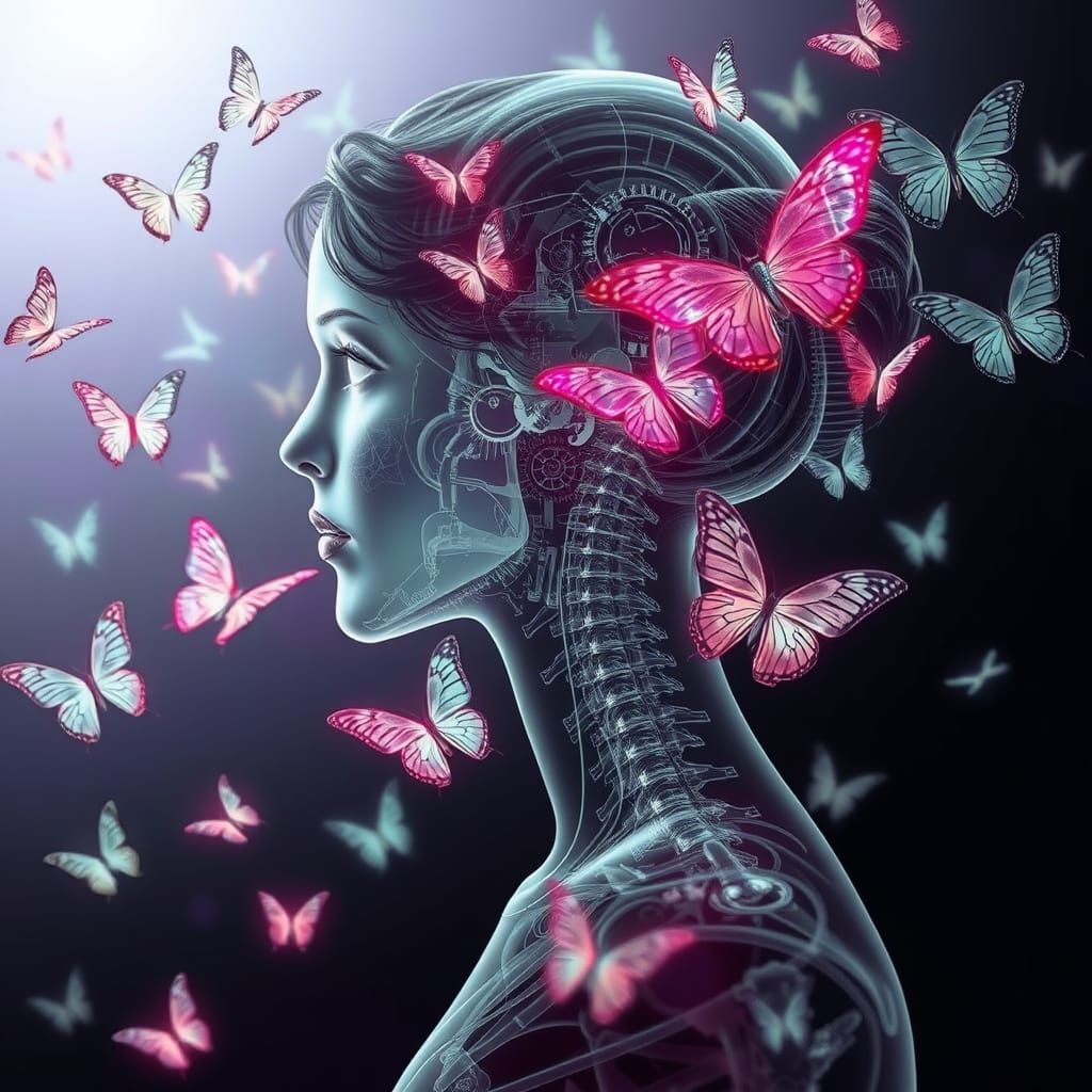 Biomechanical Goddess with Swirling Gears and Iridescent But...