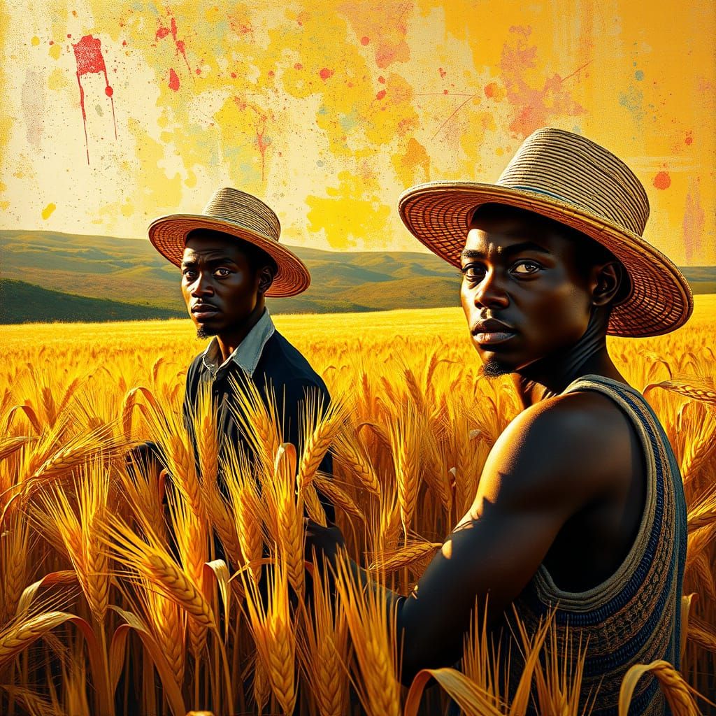 Black Individuals Harvesting Wheat Field in Golden Hour
