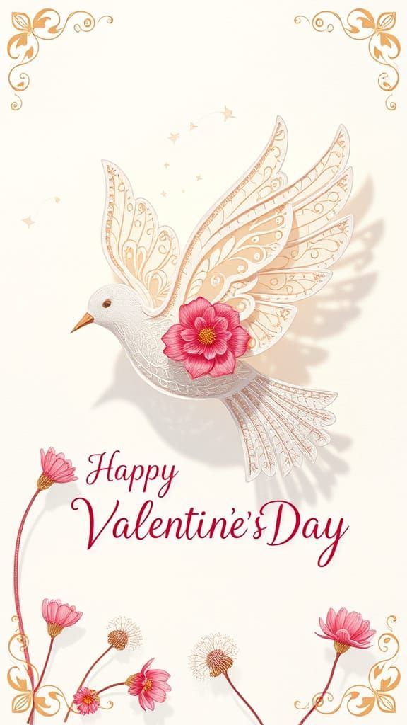 Delicate Lace Dove on Pastel Background in Hand-Drawn Valent...