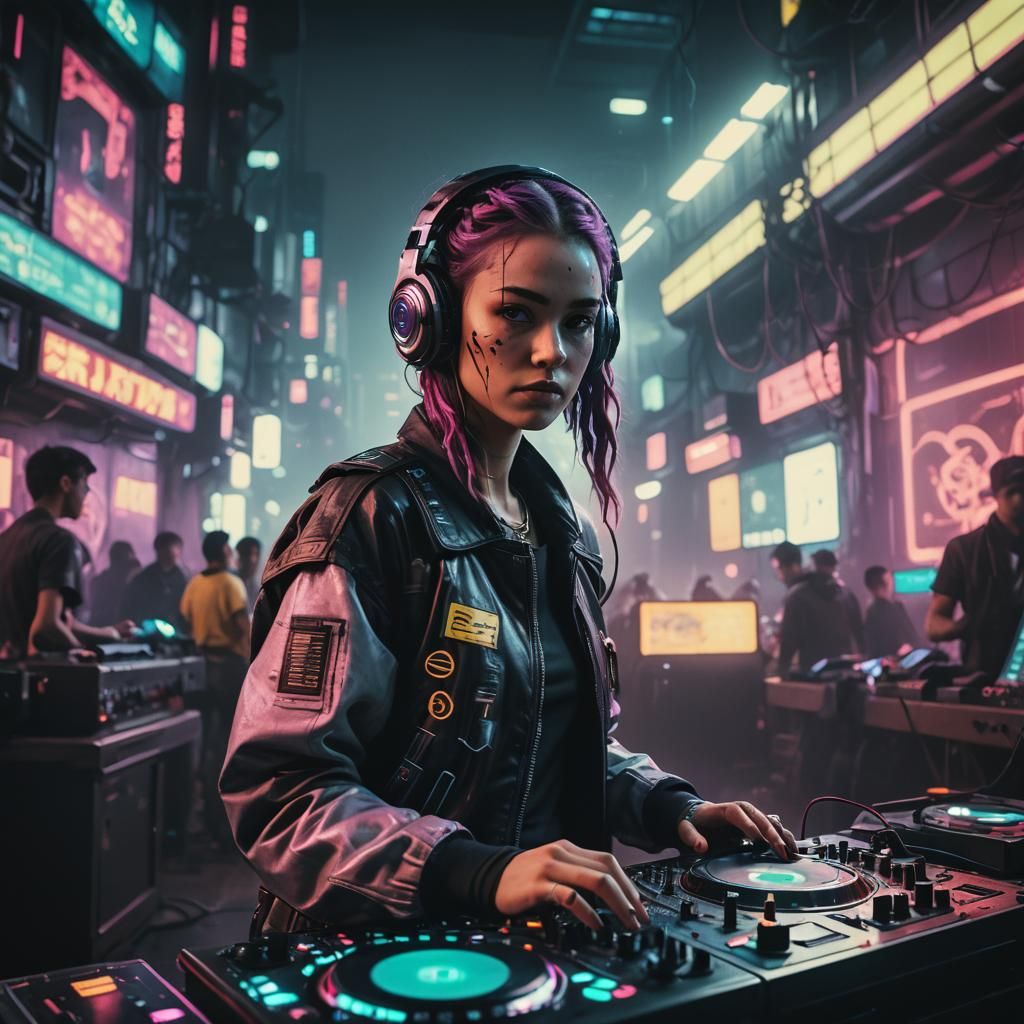 Cyberpunk Girl DJ in Cinematic Style