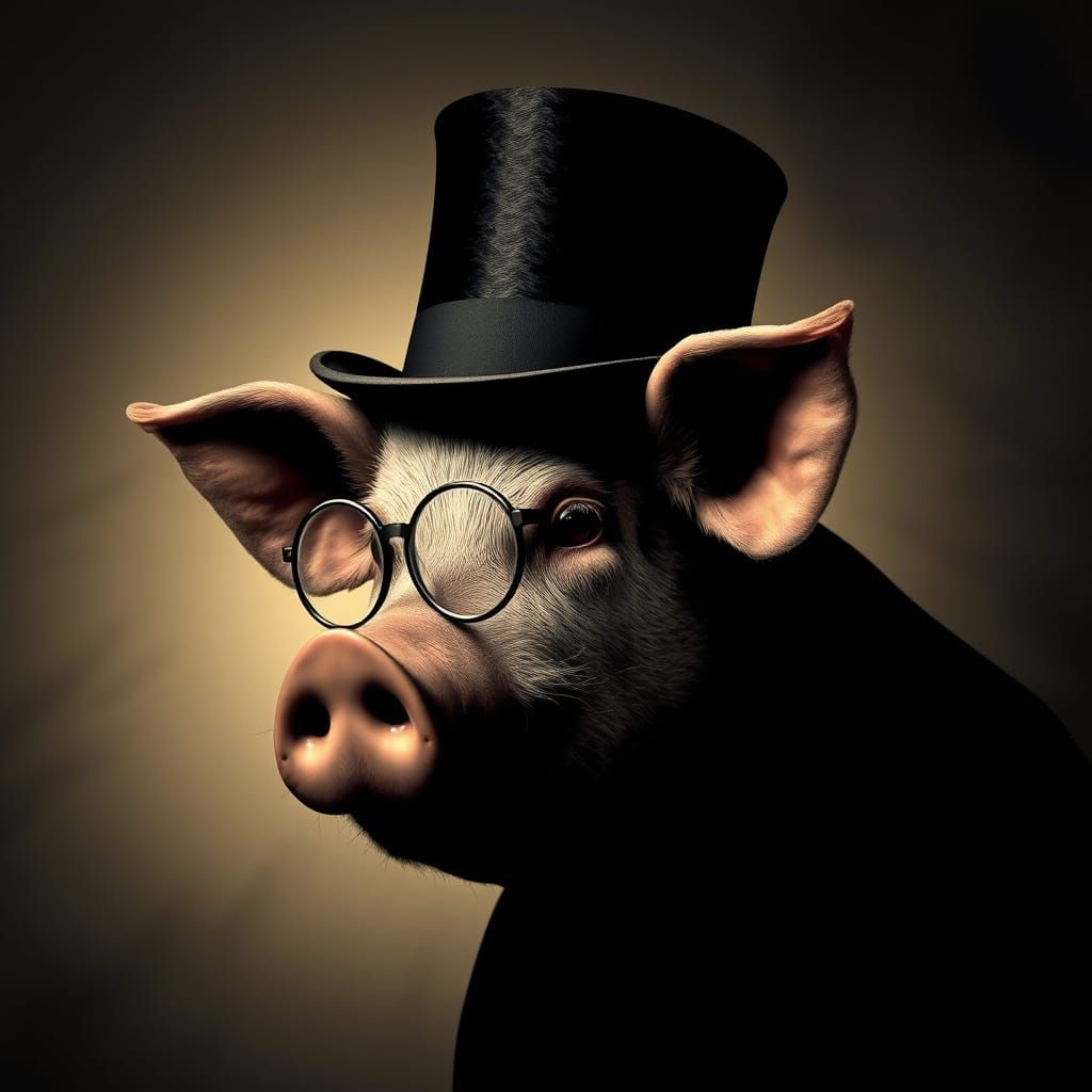 Photorealistic Pig in Top Hat and Monocle, Vintage Style