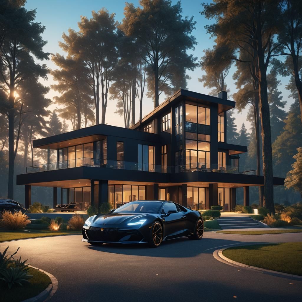 Luxury House with Black Car in Fantasy Concept Art