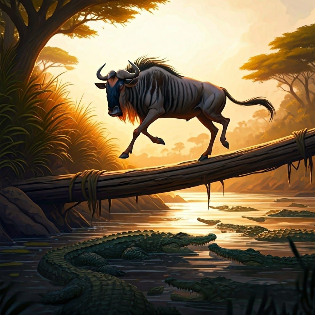 Wildebeest Run Over Crocodile River, Impressionistic Style