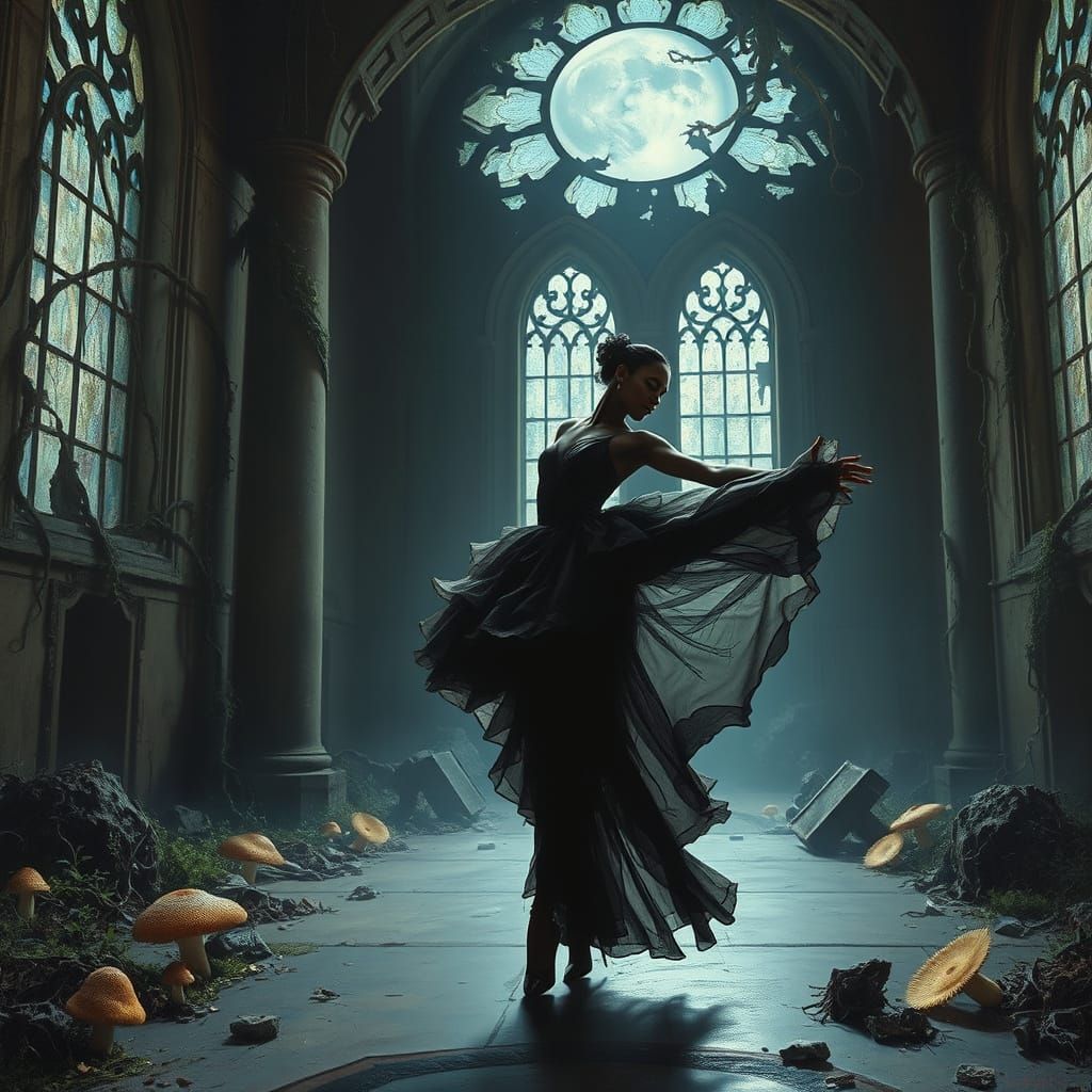 Gothic Ballerina in Ruined Ballroom Oil Painting