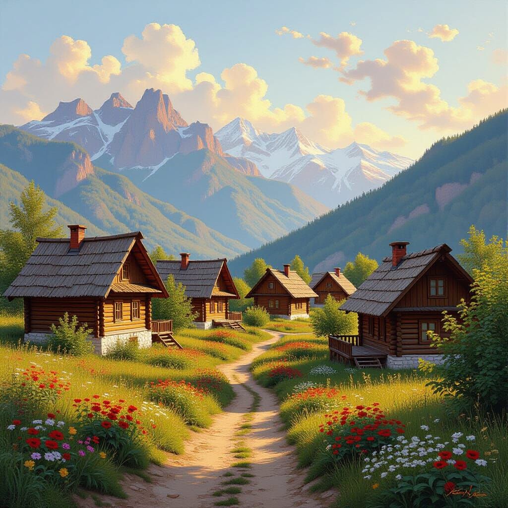 Picturesque Caucasian Village in Golden Light