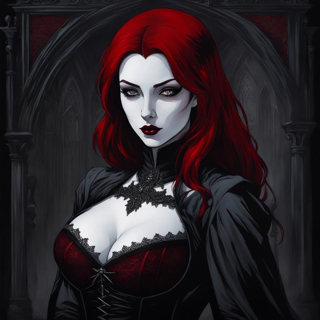 Gothic Vampire Portrait in Black Ink Comic Style