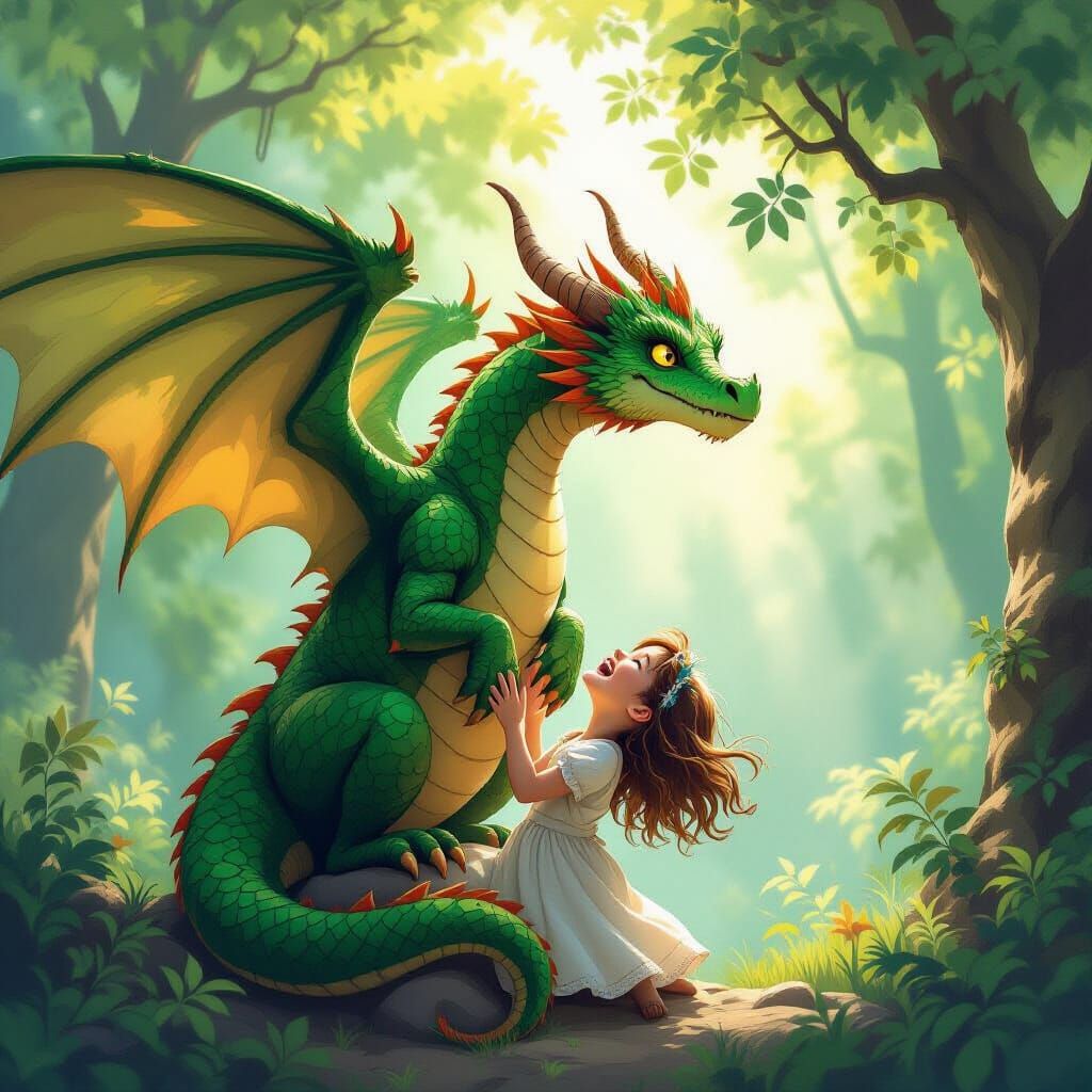 Giant Dragon and Laughing Girl in Enchanted Forest