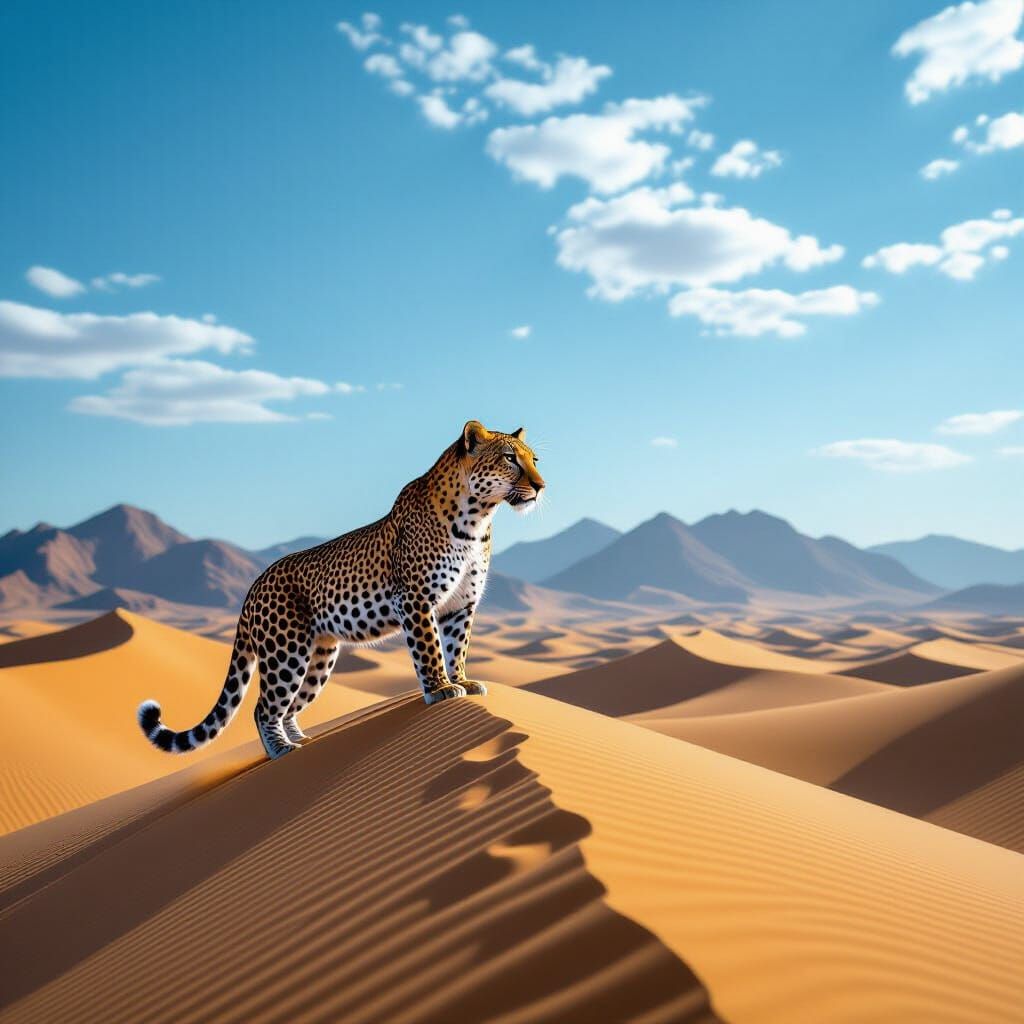 Cinematic Leopard on Sand Dune Editorial Fashion Photo