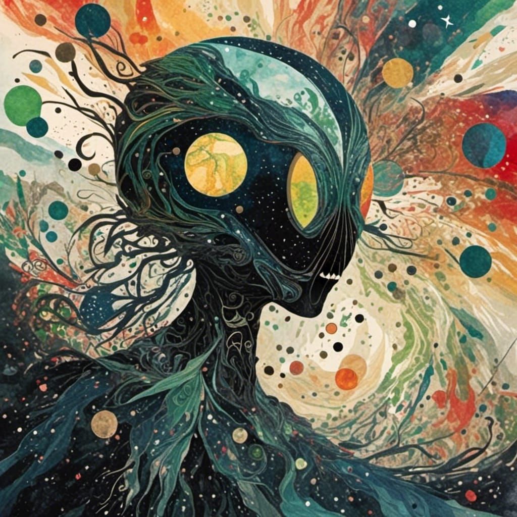 Alien Silhouette in Watercolor Space, Papercut Style