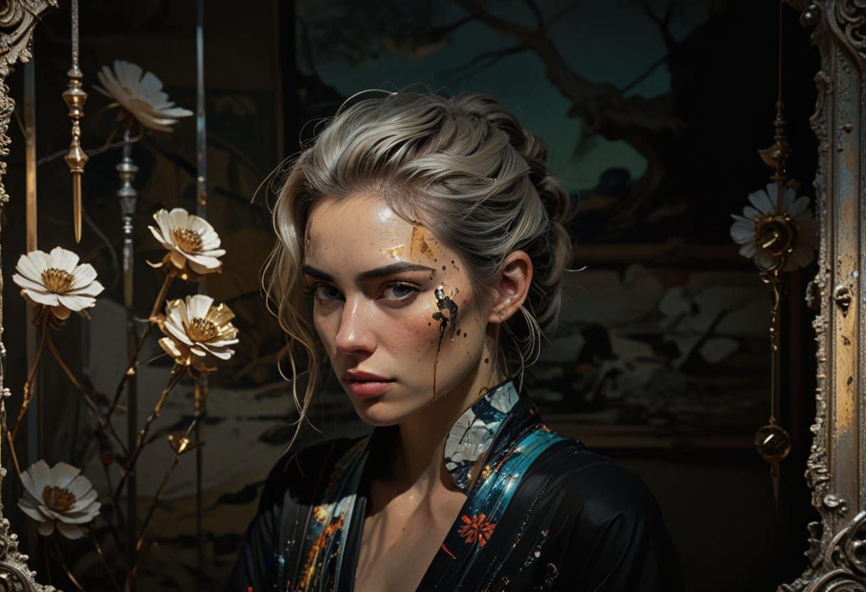 Ukiyo-e Woman in Post-Apocalyptic Landscape