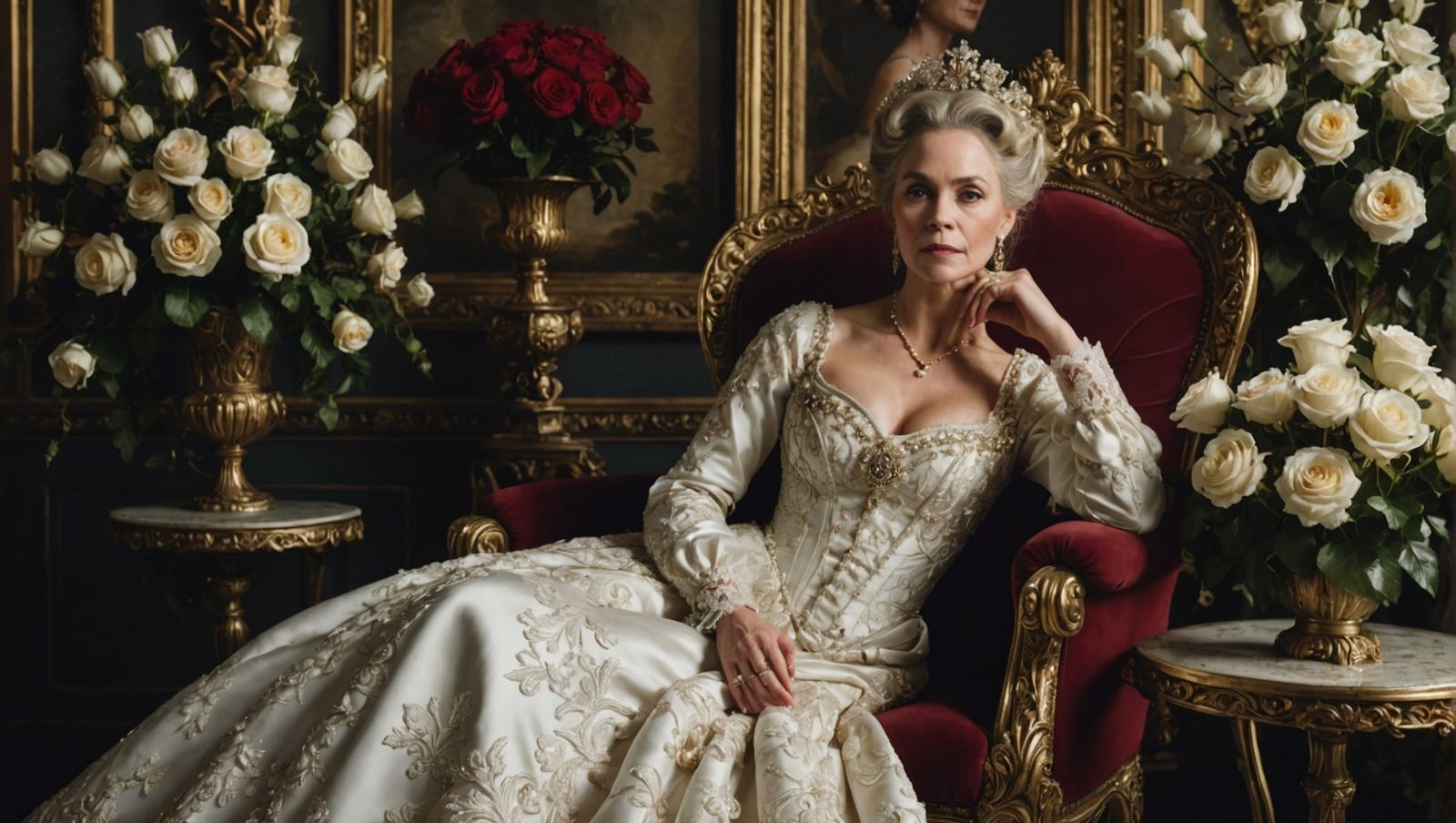 Queen in Rococo Gown with Baroque Floral Setting