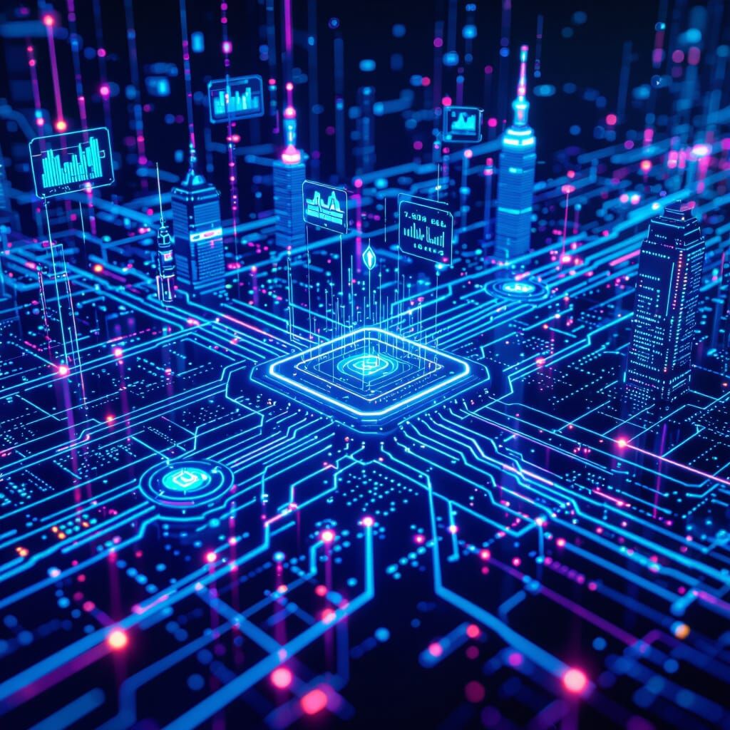 Futuristic Cybernetic Cityscape with Data Streams