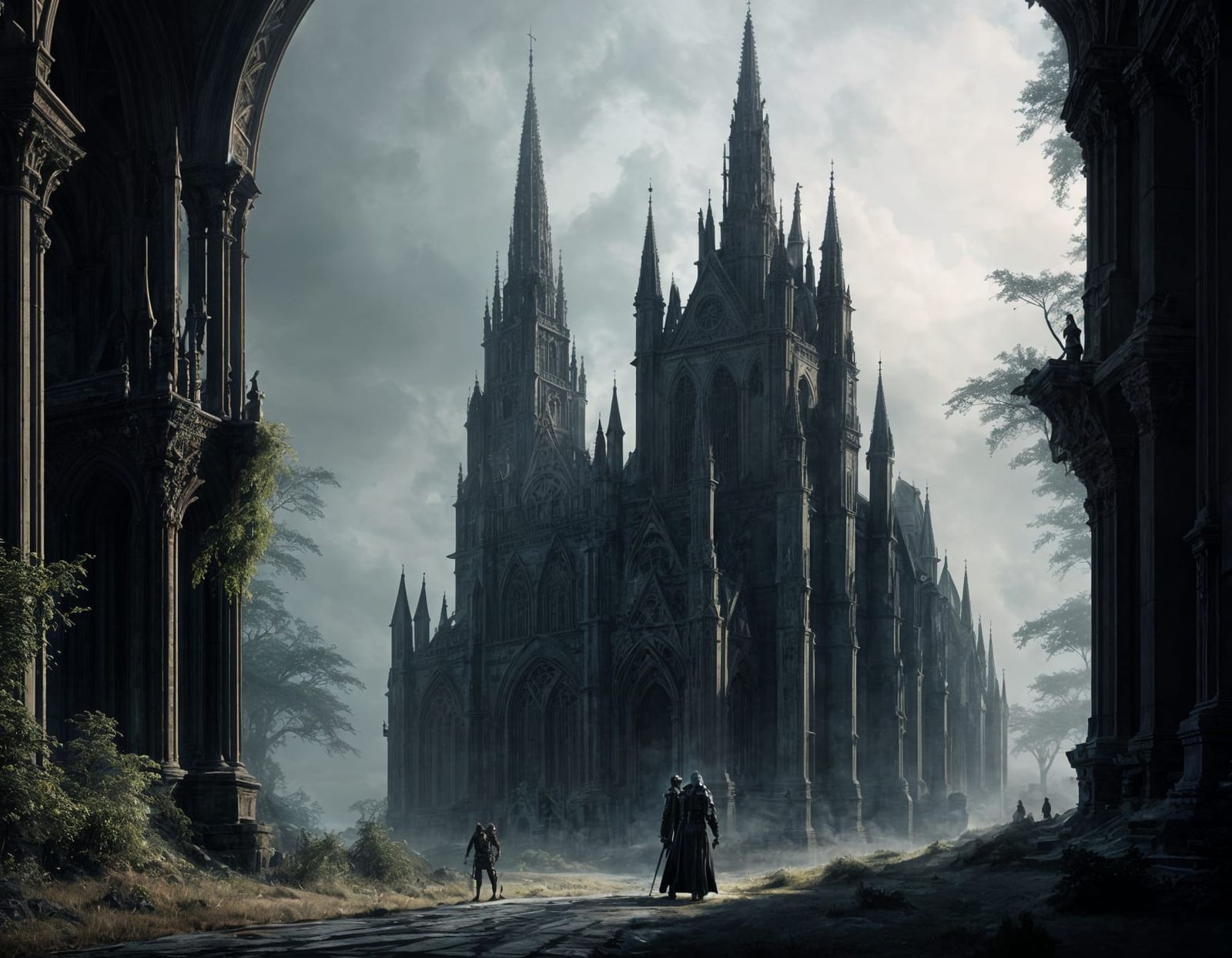 Gothic Knight Before Ancient Cathedral