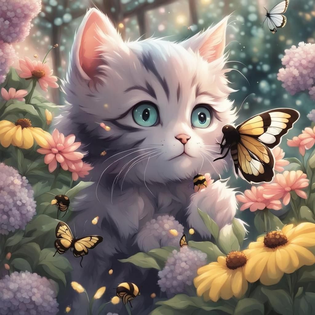 Cute Kitten in Dreamy Anime Garden