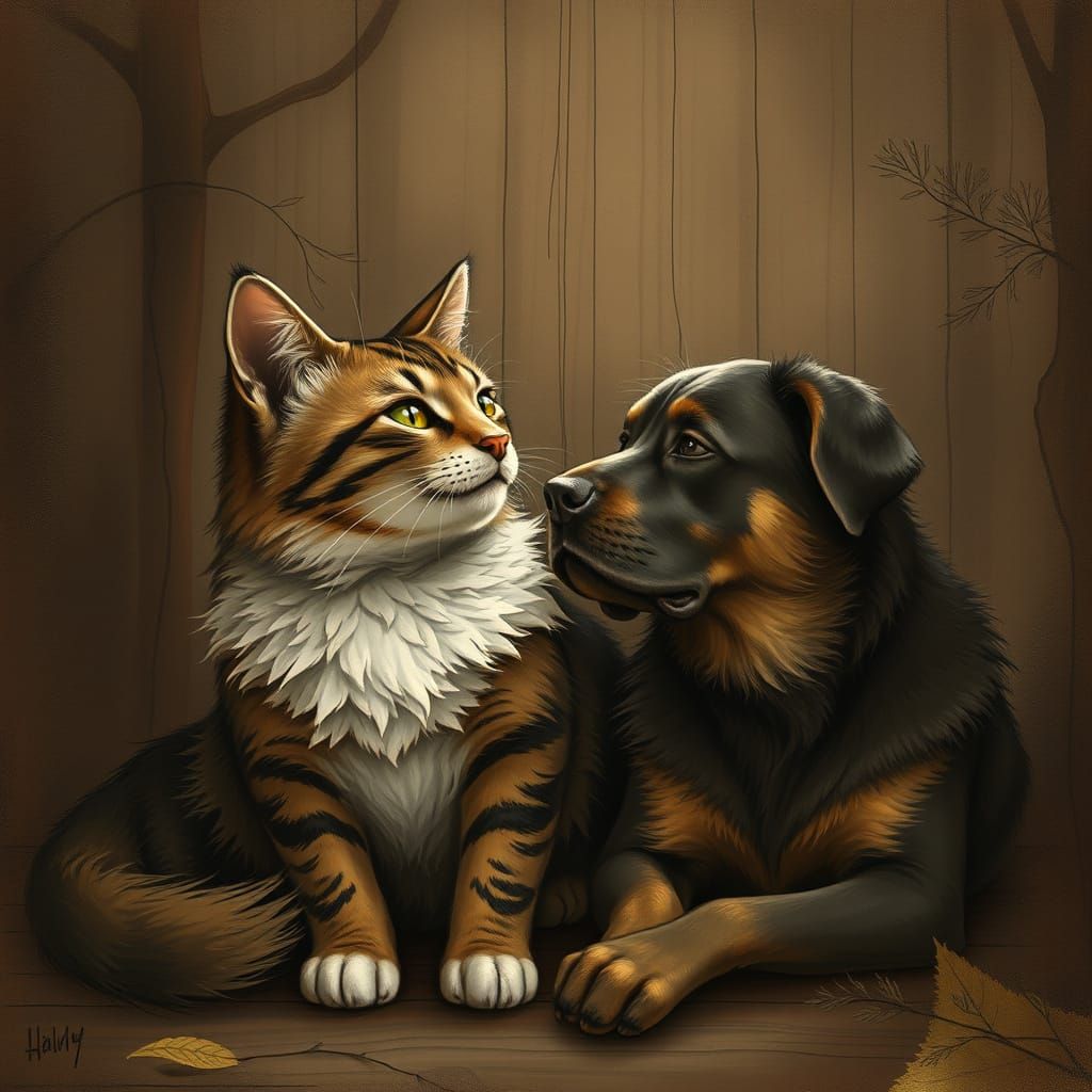 Whimsical Feline Canine Cuddle in Intimate Charcoal Drawing