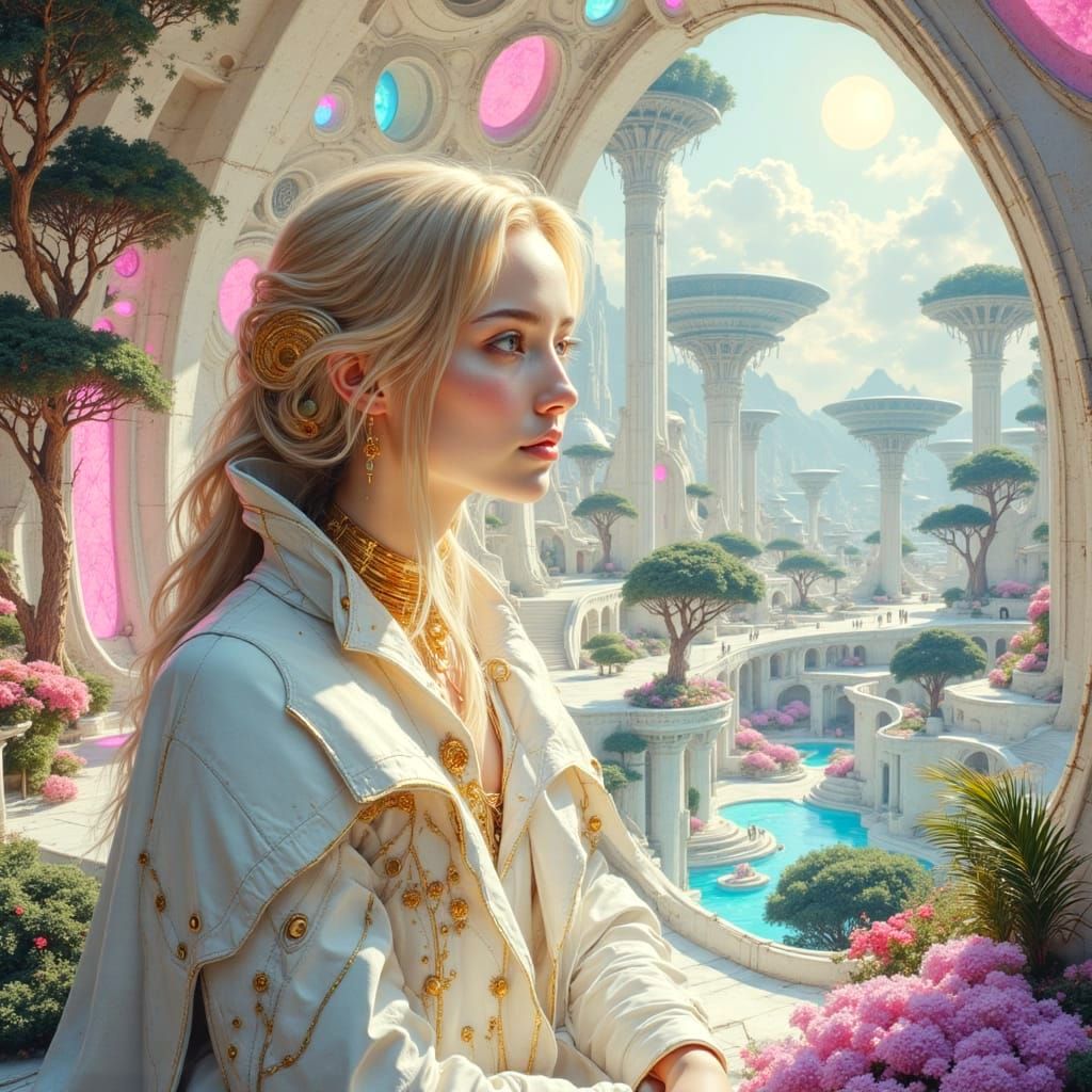 Galactic Woman on Solar-Punk Spaceship as Oil Painting