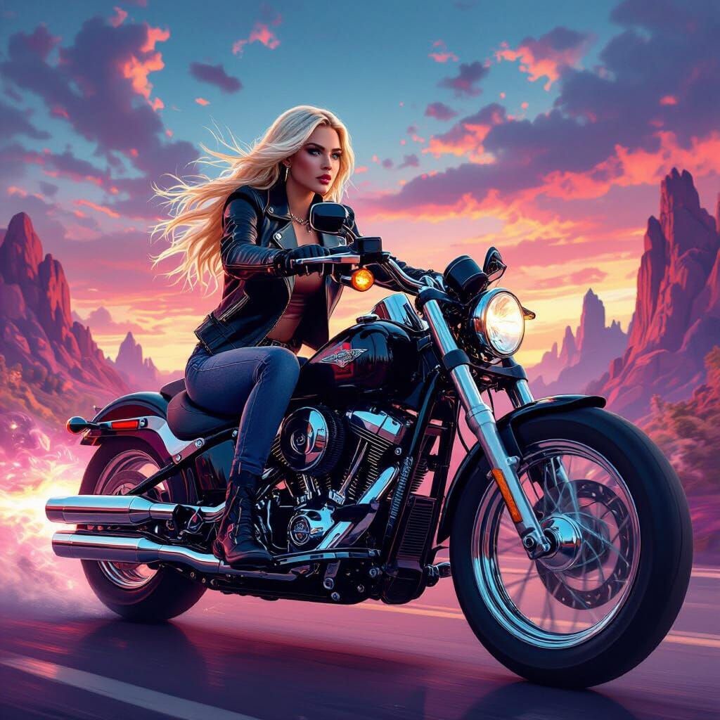 Ava Max Rides Harley Davidson in Fantasy Art Style