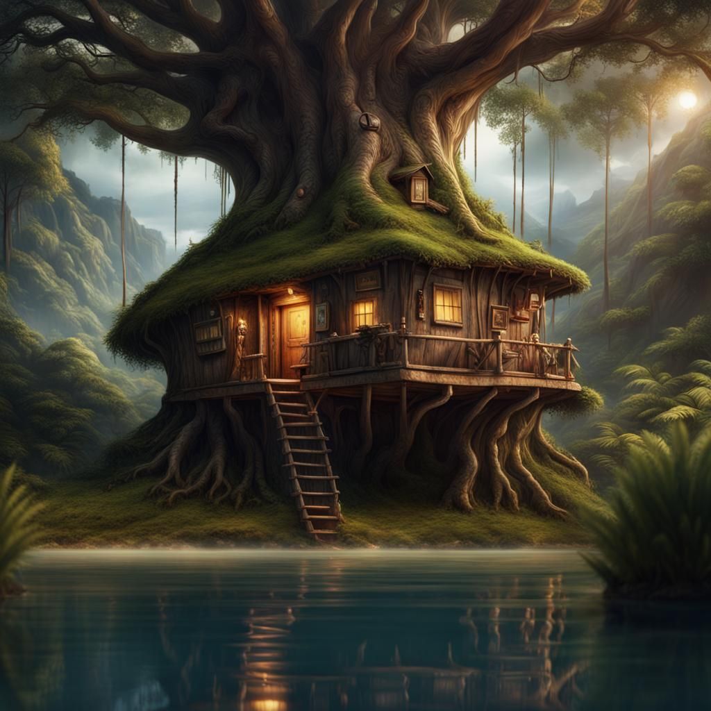 Tree Trunk Hut: Epic Maximalist Digital Painting