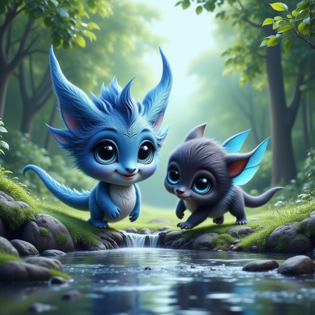 Frost Dragon and Black Wolf Play in Vibrant Fantasy Landscap...