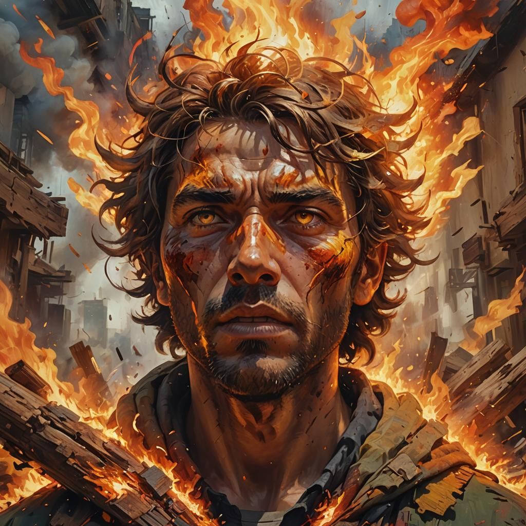 Explosive Face in Fiery Oil Painting