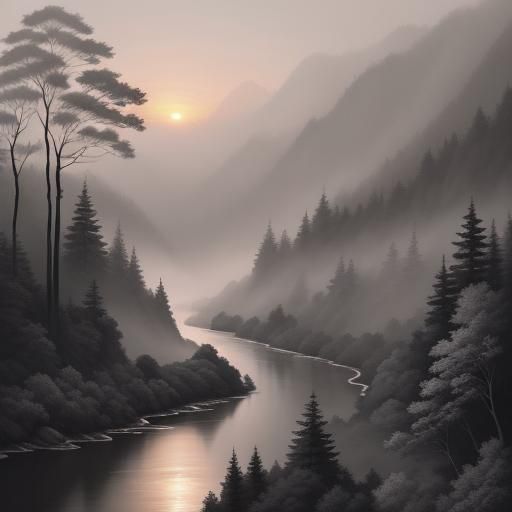 A Monochromatic Airbrush Masterpiece of a Foggy Sunset River...