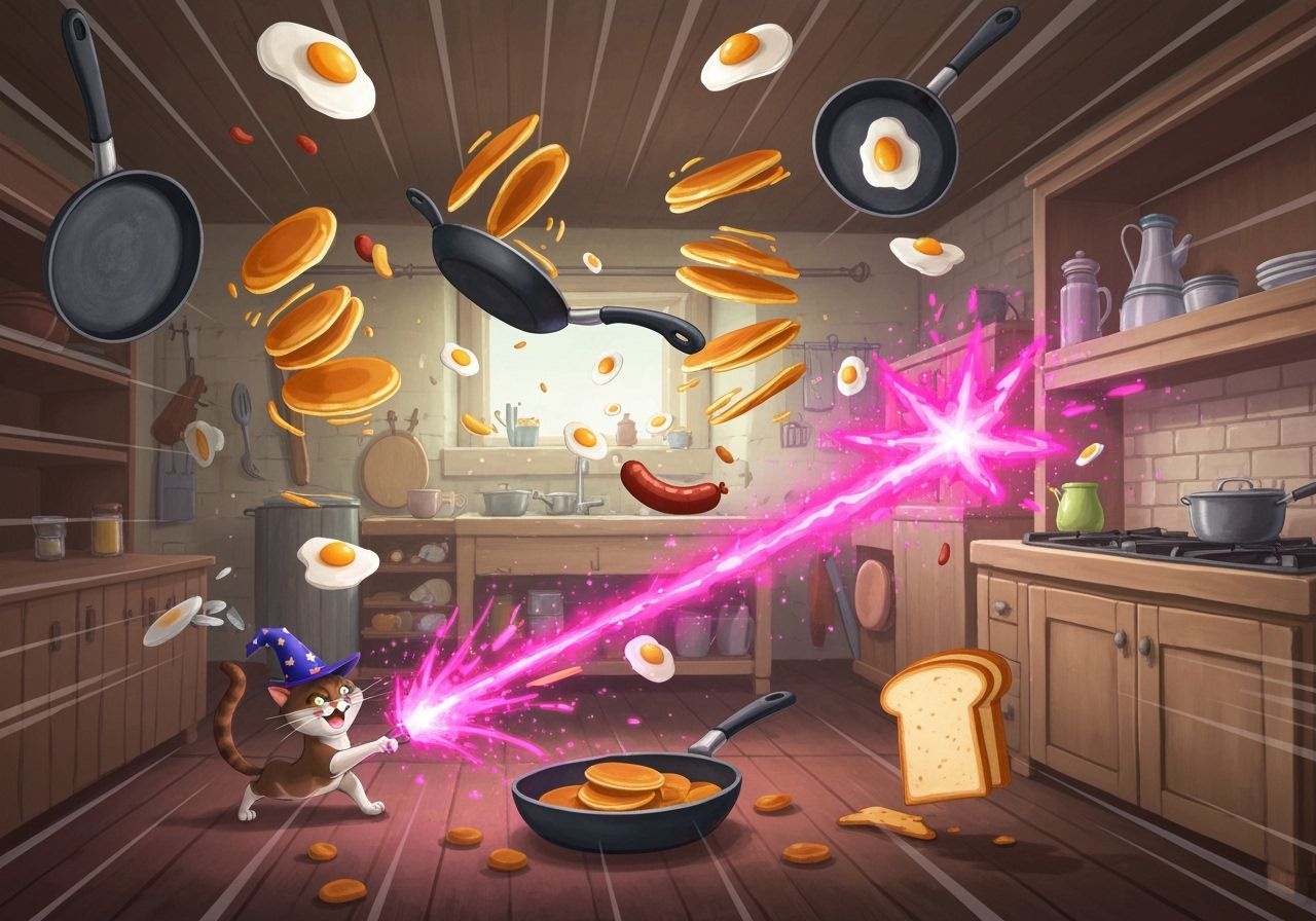 Magical Kitchen Ballet with Flying Food and a Wizard Cat