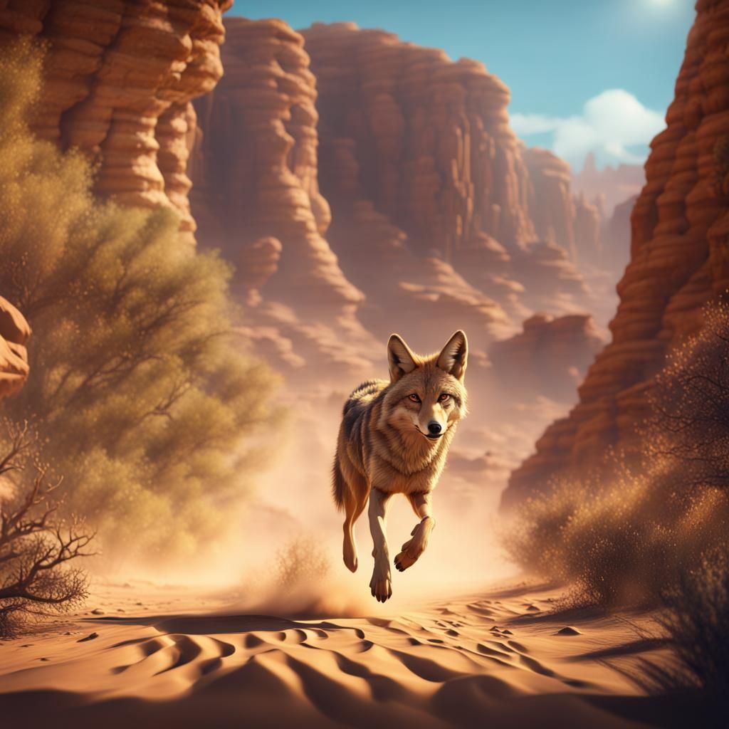 Coyote Running Through Desert Canyon Illustration