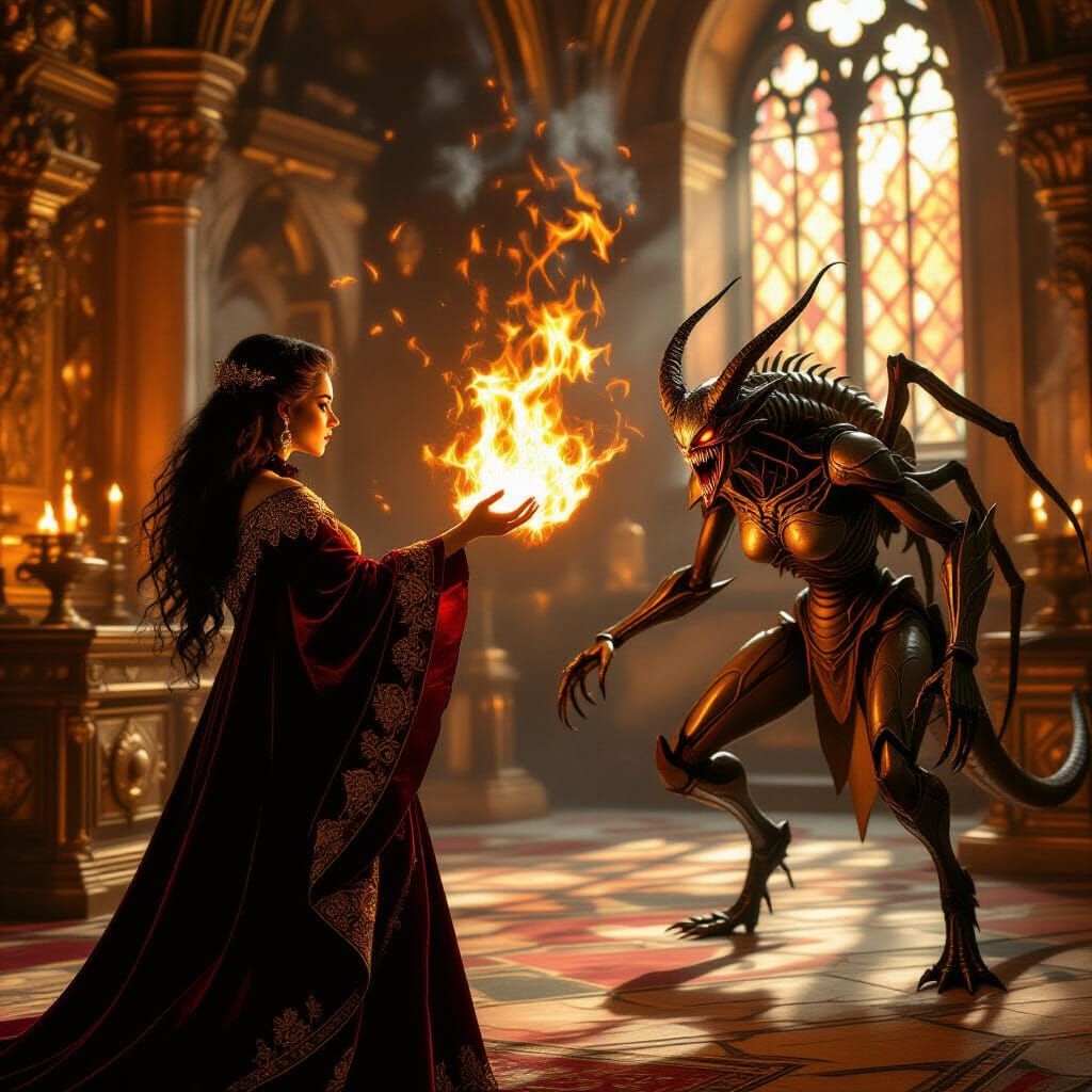 Sorceress Confronts Demon with Fire, Vermeer Style