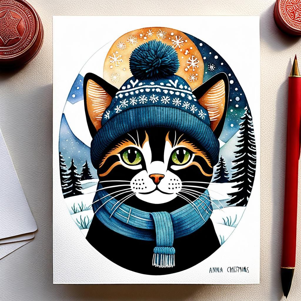 Festive Kitty Christmas Card in Watercolor Style