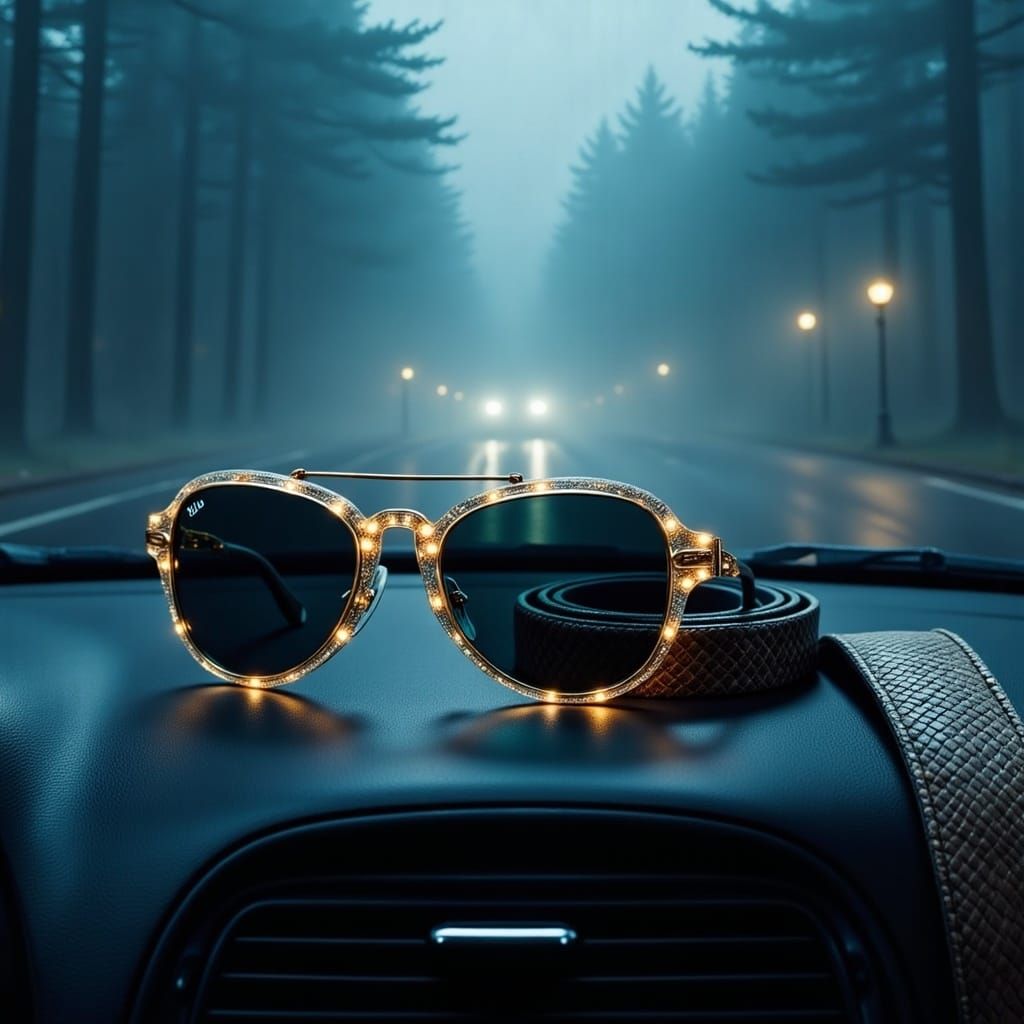 Gold Sunglasses and Snakeskin Belt on Car Dashboard