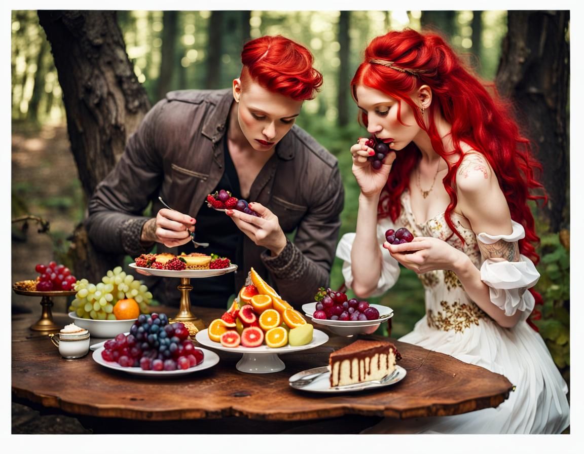 Woman and Tattooed Man at Fruit-laden Table