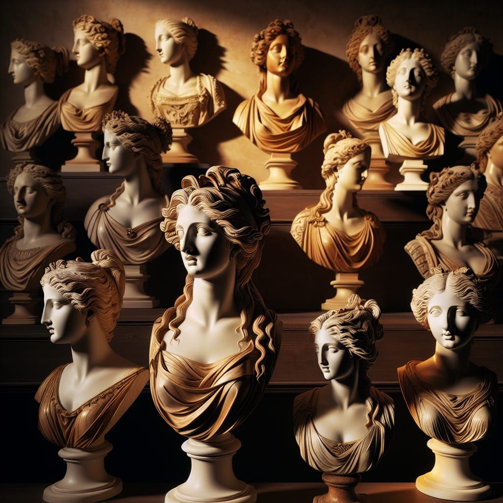 Exquisite 18th-Century Figurehead Busts in Golden Light