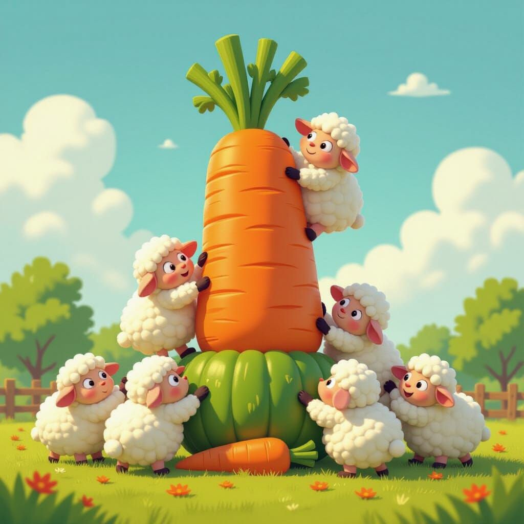 Fluffy Sheep Build Vegetable Tower in Whimsical Style