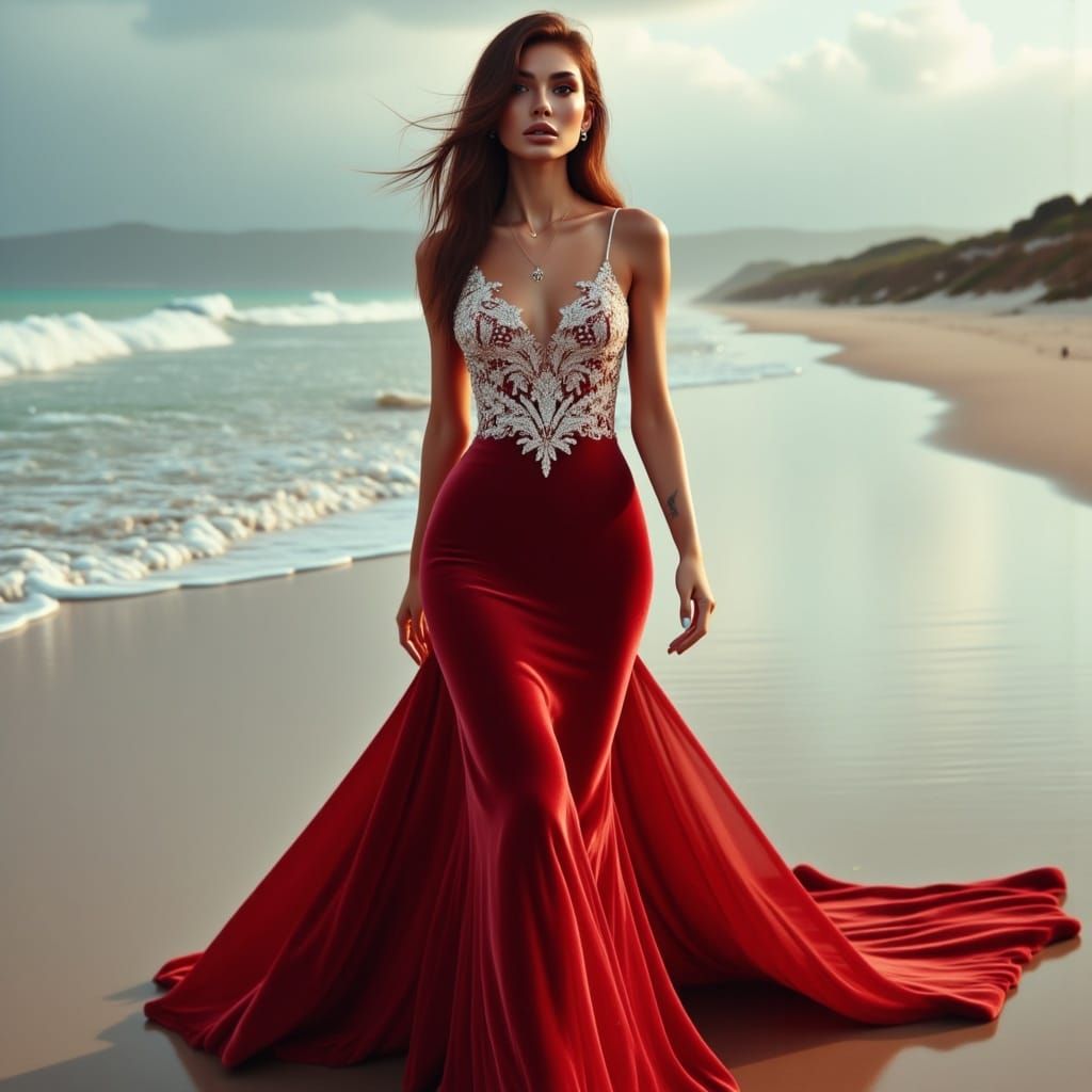 Sensuous Woman in Red Gown Walking on Beach in Cinematic Sty...