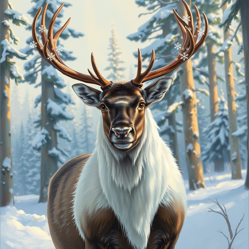 Majestic Reindeer in Winter Wonderland Oil Painting
