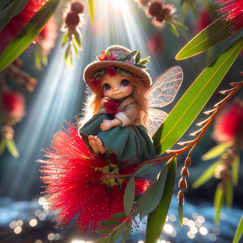 closeup of a gumnut fairy, sitting on a red bottlebrush flower with eucalypt leaves, she has a gumnut as a hat, in the s...